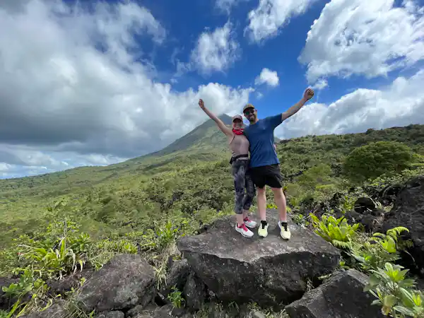 Panoramic and clear view of the iconic Arenal Volcano cone from a strategic mountain observation point