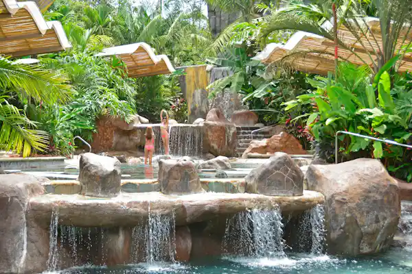 Lush tropical gardens and exotic rainforest landscaping surrounding the Baldi thermal water complex