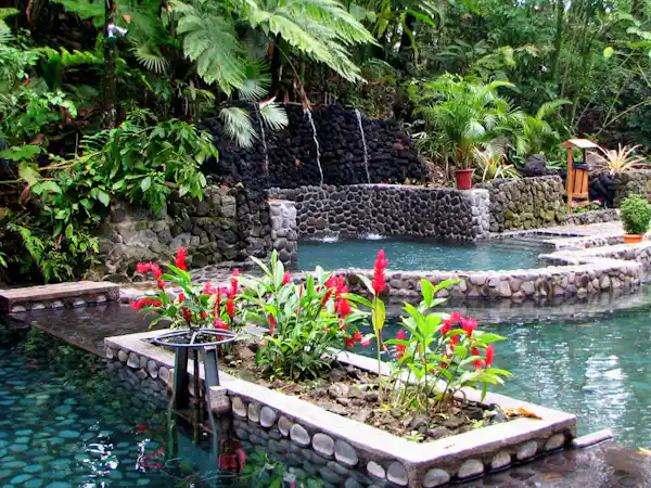 Secluded volcanic hot springs pools surrounded by primary rainforest at Eco Termales Arenal, La Fortuna
