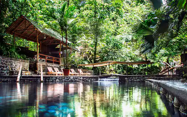 Tropical wildlife and lush exotic flora framing the secluded and intimate thermal water complex in Arenal