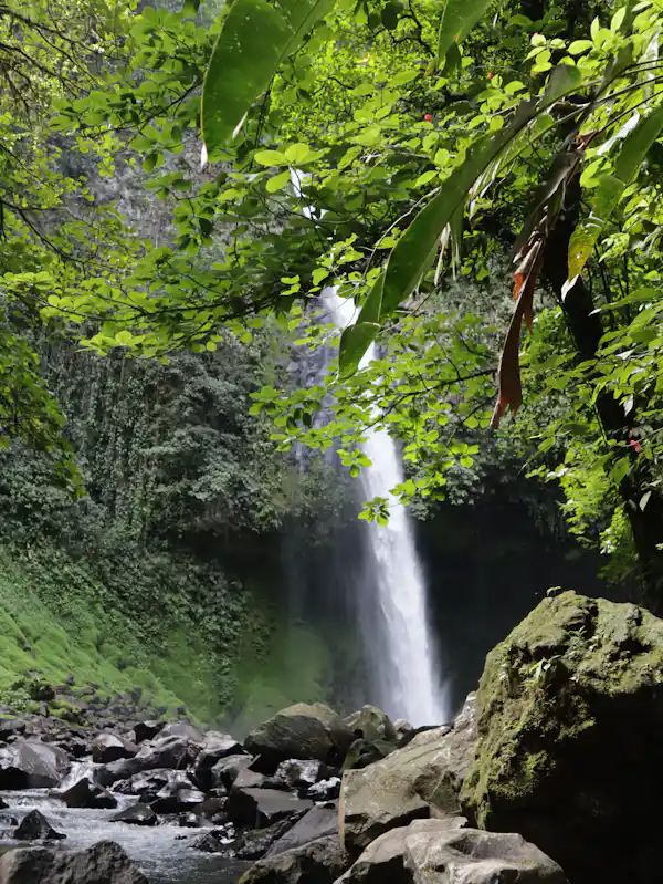 Swimmers enjoying the refreshing emerald green natural pool at the base of La Fortuna Waterfall