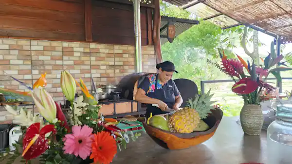 Green Honeycreeper and colorful hummingbirds attracted to the tropical flora on the farm