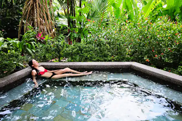 Exotic biodiversity and vibrant rainforest flora surrounding the luxury Tabacon Thermal Resort sanctuary in La Fortuna